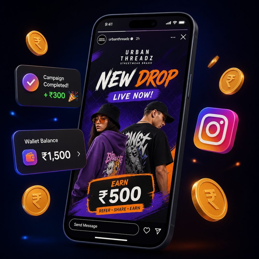 DigiRush app showing Instagram campaign earnings